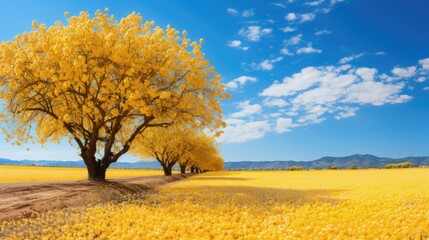 Fototapeta premium Almond trees in full bloom amidst a golden rapeseed field during the spring season 