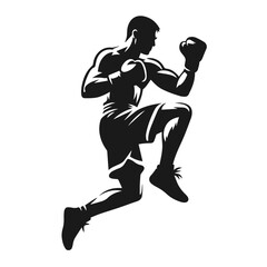 Clean black and white vector silhouette of a boxer isolated on white background