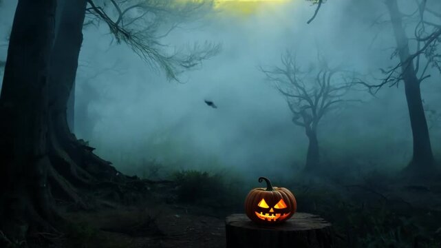 A haunting Halloween scene with a glowing pumpkin in the forefront amidst a spooky. Holiday event halloween banner background concept with scary halloween pumpkin.
