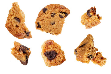 Broken chocolate chip cookies   isolated on white background. Cookies  in pieces  set with crumbs.