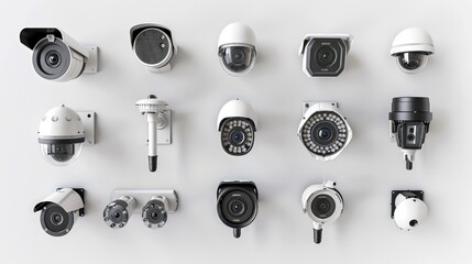 A variety of 3D security camera mockups, including dome and bullet types, each shown in different mounting configurations on a white background.