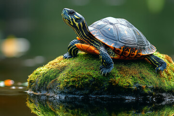 Obraz premium A turtle basking on a rock with moss, feeling the warmth of the sun,