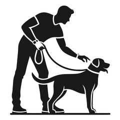 Clean black and white vector silhouette of a person with
a dog isolated on white background