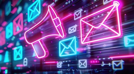 A vibrant depiction of an email marketing campaign, with neon icons like a megaphone and envelope glowing in pink and blue against a backdrop of digital billboards in a virtual space.