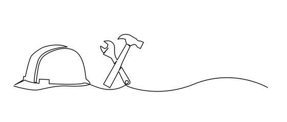 line art illustration continuing vector of hammer, wrench and safety helmet. Labor Day. white Background isolated.