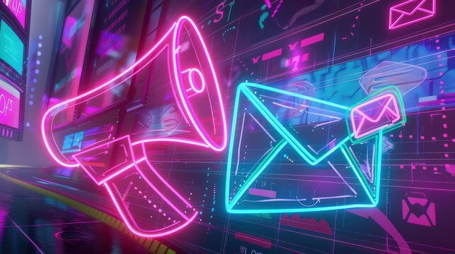 A vibrant depiction of an email marketing campaign, with neon icons like a megaphone and envelope glowing in pink and blue against a backdrop of digital billboards in a virtual space.