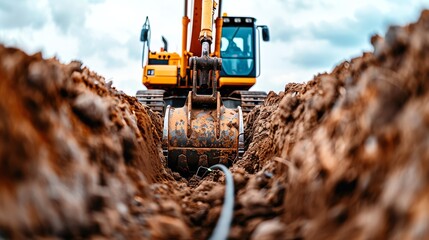 Excavator digging a trench for fiber optic cables, technology infrastructure Precise and efficient, reliable and effective, modern construction