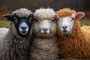 Four sheep--Merino, Dorset, Suffolk, and Jacob--resting together in a peaceful countryside setting,