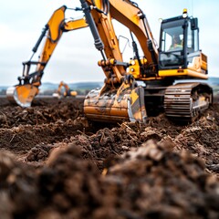Fototapeta premium Excavator grading land for a new road, infrastructure development Precise and efficient, durable and productive, road construction