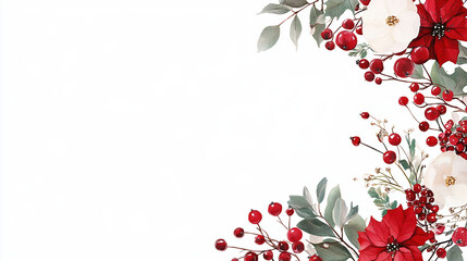 Christmas Themed Border With Watercolor Poinsettia Flowers And Red Berries On Right Side Of Empty White Background, Minimalistic Style, Soft Colours, No Shadows, Hand Drawn, High Resolution.
