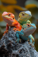 Obraz premium Four lizards--Bearded Dragon, Leopard Gecko, Chameleon, and Green Anole--basking together on a sunlit rock,