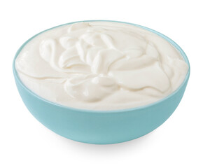 Sour Cream in a blue  bowl isolated. Mayonnaise, Yogurt or greek yogurt  on white background