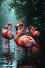 Fototapeta premium A group of flamingos wading through the shallow water, their pink feathers vibrant against the green,