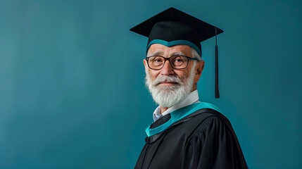 An elderly man beaming with pride in his graduation cap and gown on blue background