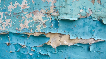 Fototapeta premium A close-up view of weathered blue paint peeling off a wall, showcasing texture and color contrast in a vintage style.