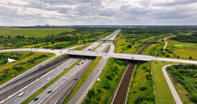 Aerial drone view of the European route E20 on a cloudy day