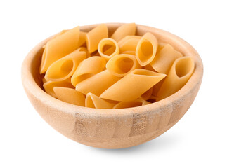 Bowl with tasty raw penne pasta on white background