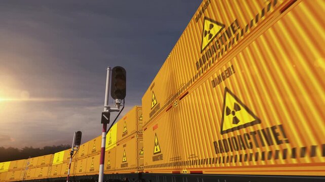 Radioactive waste and nuclear containers on a railway freight wagons loop. Business concept of train transport and shipping with a atomic energy symbol. 3D loopable and seamless.