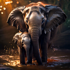 a family of elephants at a watering hole