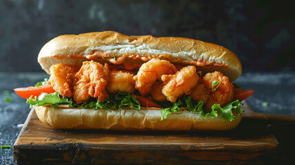 Delicious fried shrimp po boy sandwich served on a rustic wooden cutting board, waiting to be savored