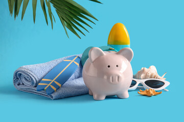 Piggy bank, sunglasses, sunscreen, seashell, starfish, towel, decorative flip-flops and surfboard...