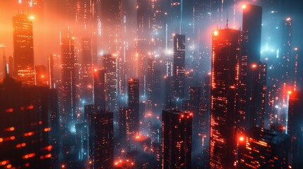 Fototapeta premium Futuristic cyberpunk cityscape with towering skyscrapers, glowing neon lights, and a misty, vibrant night sky.