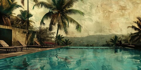 Vintage poolside scene with palm trees.