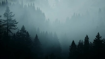 Spooky Halloween misty foggy forest. Halloween mist in a deep dark mysterious forest. Spooky eerie misty foggy woods.