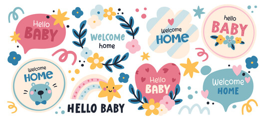 Hand drawn lettering greeting phrase hello baby set in different style design for invitation cards © Mykola Syvak