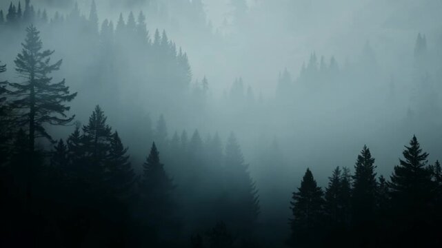 Spooky Halloween misty foggy forest. Halloween mist in a deep dark mysterious forest. Spooky eerie misty foggy woods.