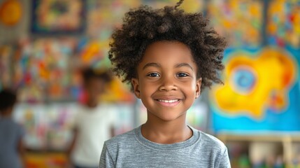 Smiling child in a vibrant art classroom with colorful paintings in the background, expressing joy and creativity.
