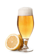 Glass of fresh light beer with lemon on white background