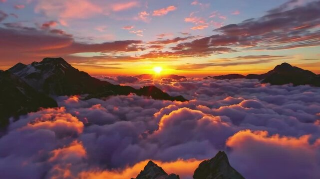 Picturesque sunset bathes mountaintop in golden light with sea of fluffy clouds below