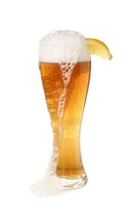 Glass of fresh light beer with lemon piece on white background