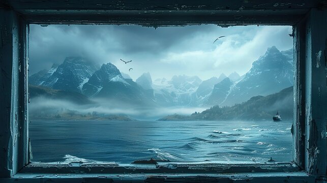 Fototapeta photo of the sea view from the lighthouse window. window over the entire image. in the window you can see mountains, fog and ships, seagulls in the sky 