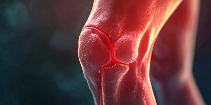 Close-up of a sprained knee with a reddish hue highlighting severe symptoms of gout, medical illustration
