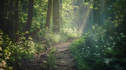 Obraz premium A serene forest path illuminated by gentle sunlight, surrounded by lush greenery and peaceful atmosphere, perfect for nature lovers.