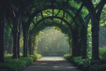 A serene garden path under a lush green archway, creating a peaceful atmosphere filled with soft light and vibrant foliage.