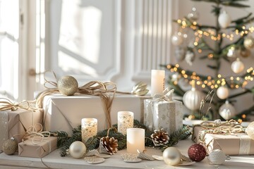 Christmas gifts arranged on a table with festive decorations