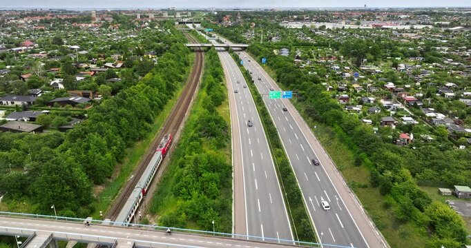 Aerial drone view of the European route E20 on a cloudy day