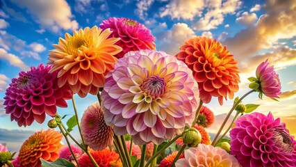 Vibrant dahlias in shades of pink, orange, and purple fill a lush bouquet, set against a soft, cloudy blue sky with warm, golden sunlight. © DigitalArt Max