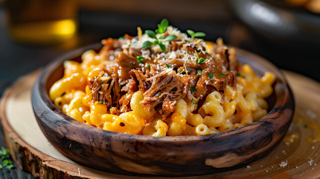 Macaroni and cheese topped with slow cooked bbq pulled pork and fresh thyme