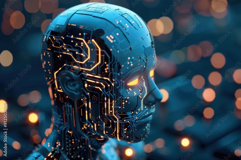 Poster ai robot with glowing circuit board details is processing data in a futuristic setting