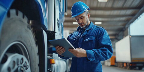 A truck mechanic in a blue uniform and hard hat inspects a semi-trailer using a tablet computer.