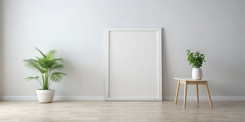 A clean and minimalist interior space features a blank white poster mockup in a modern white frame on a light-colored wall, awaiting design.