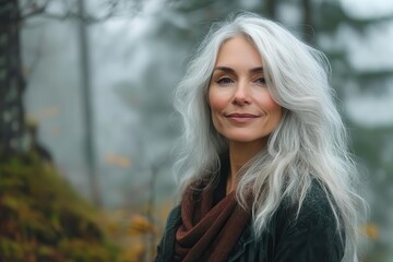 Naklejka premium ethereal portrait of a silverhaired woman emerging from a misty forest skin glowing with vitality gentle smile conveying wisdom and serenity