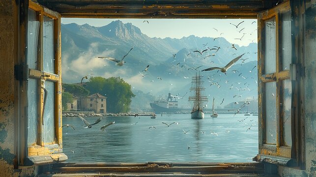 Fototapeta photo of the sea view from the lighthouse window. window over the entire image. in the window you can see mountains, fog and ships, seagulls in the sky 