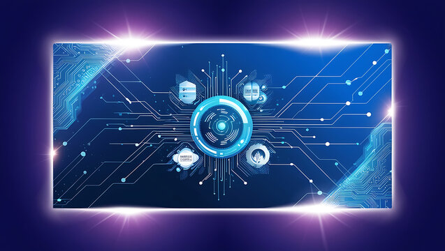 A futuristic digital technology banner set against a vibrant royal blue background, illuminated by a mesmerizing light effect that pulsates with an otherworldly glow, evoking a sense of abstract innov - Powered by Adobe