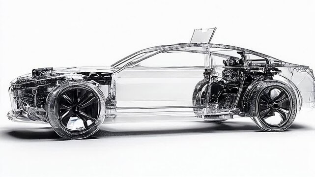 Transparent car, showcasing its internal structure and components. The car's body is partially assembled.