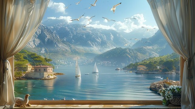 Fototapeta photo of the sea view from the lighthouse window. window over the entire image. in the window you can see mountains, fog and ships, seagulls in the sky 